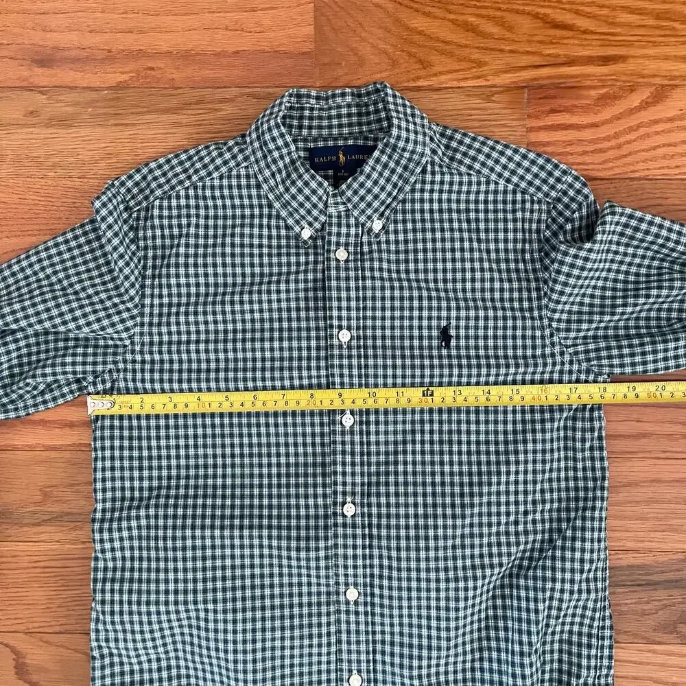 Ralph Lauren Boys Large 14/16 Green Blue Gingham Button Down Shirt Sleeve